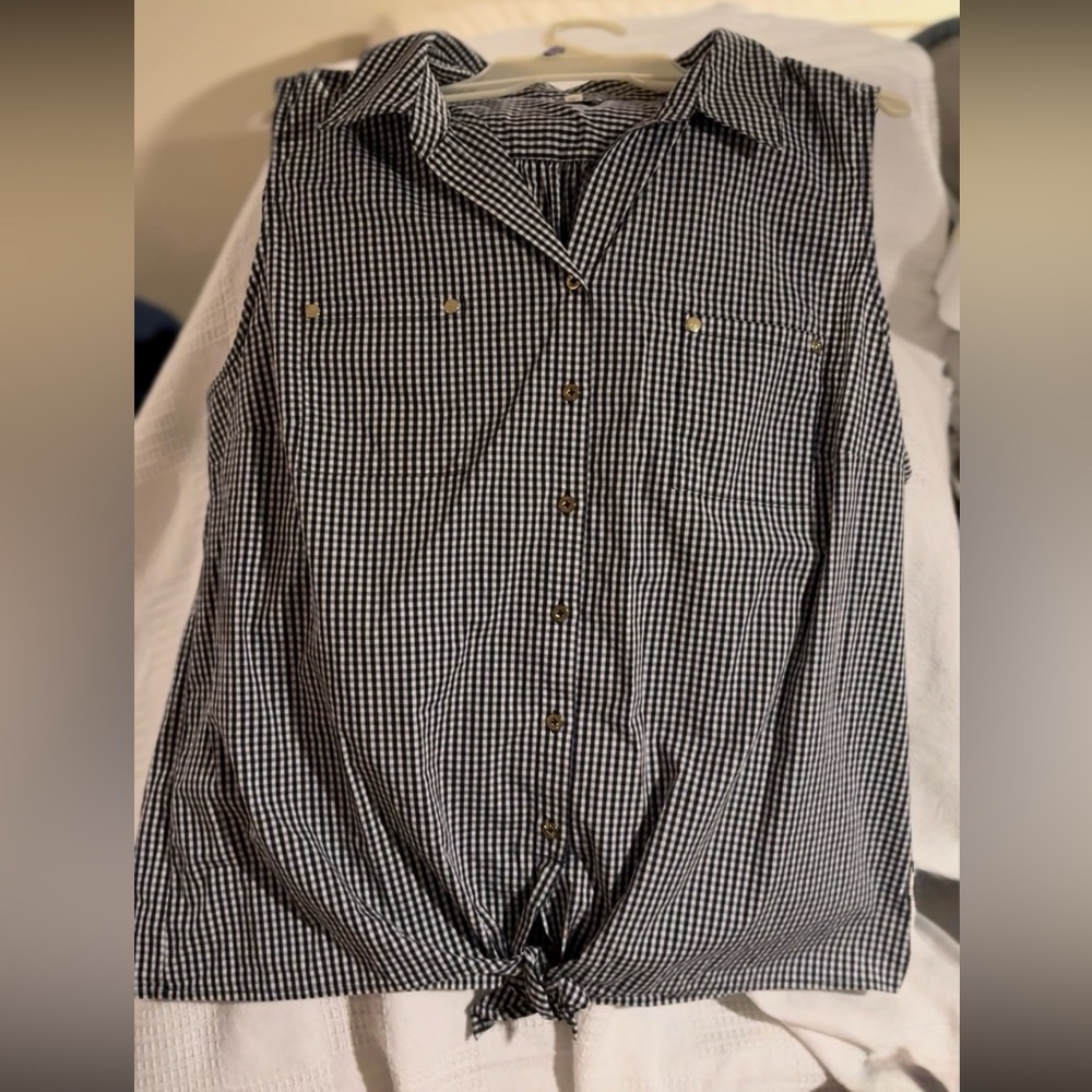 Anne Klein Black & White Plaid Button Down Collard Sleeveless Top size XL